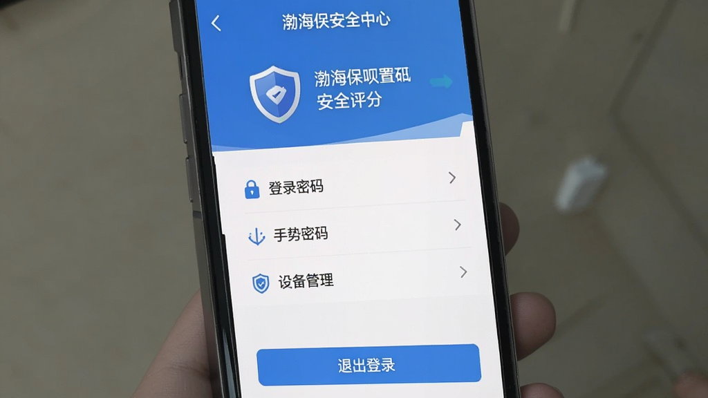 һ�Ų�������App��ȫ����ҳ����ֻ���ͼ�������ǰ�ȫ���ò˵����棬�����Ϸ��Ƕ���ͼ��Ͱ�ȫ���֣��м����ŵ�¼���롢�������롢�豸������ѡ��·����˳���¼��ť���������רҵ����ɫ��Ϊ����ϸ�ڹ��������ʸɾ��޶���Ԫ�ء�