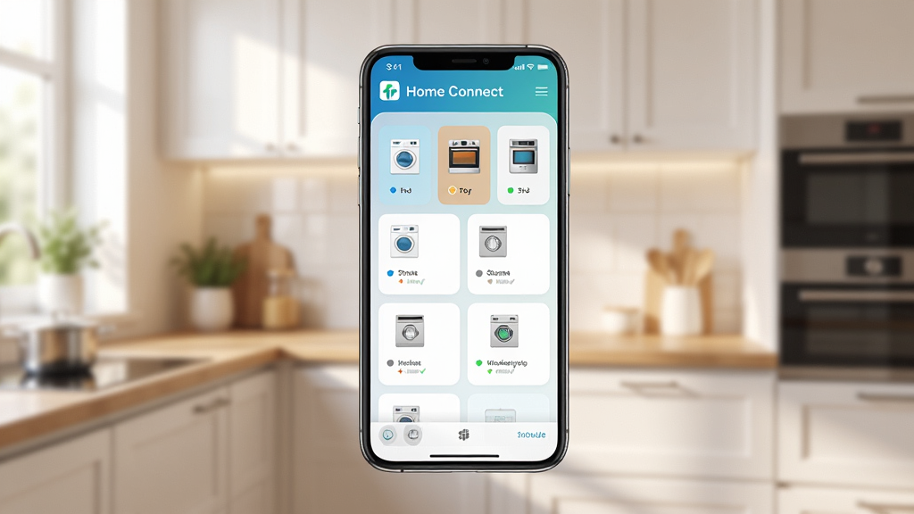 һ��չʾHome Connect App���Ľ�����ֻ�����ͼ������������һ���ִ������ֻ�����Ļ��ʾHome ConnectӦ�ó������������壬���������������ϴ�»������䡢ϴ����ȼҵ��ͼ���״̬��Ƭ����������ܰ���ִ���������������������͡���������Ƽ��У�����������ϸ�ڷḻ�����ʸɾ����޶���Ԫ�ء�