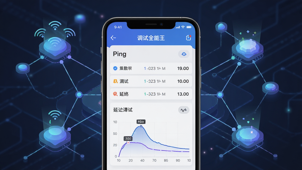 一张展示“调试全能王”网络诊断工具界面的图片,手机屏幕中显示Ping测试结果列表和延迟曲线图,周围有网络节点连接的抽象图形,布局简洁,风格现代科技感,细节清晰,画质干净无多余元素