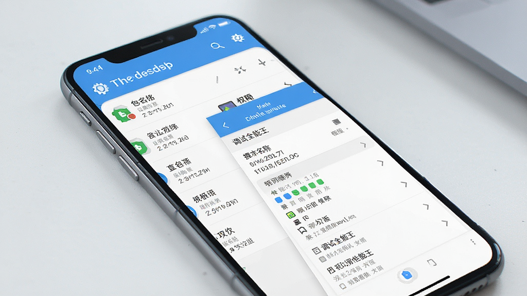 一张展示“调试全能王”应用信息查看功能的图片,手机屏幕中显示应用列表和详细信息面板,包含包名、版本号、权限图标等元素,布局清晰,风格简洁商务,细节精致,画质干净无多余元素