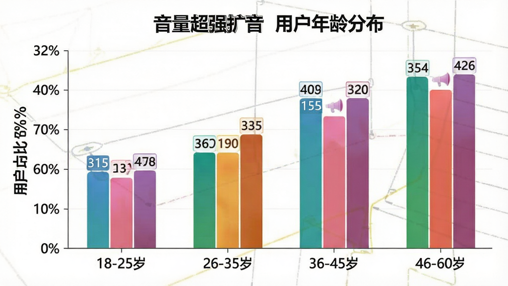 一张展示“音量超强扩音”用户年龄分布柱状图的图片,画面主体是一个柱状图,横轴标注年龄区间“18-25岁”“26-35岁”“36-45岁”“46-60岁”,纵轴标注用户占比百分比,柱子高度分别显示不同年龄段的占比数据,布局居中,风格简洁数据可视化,细节包括柱状颜色区分、数值标签,画质清晰,无多余元素
