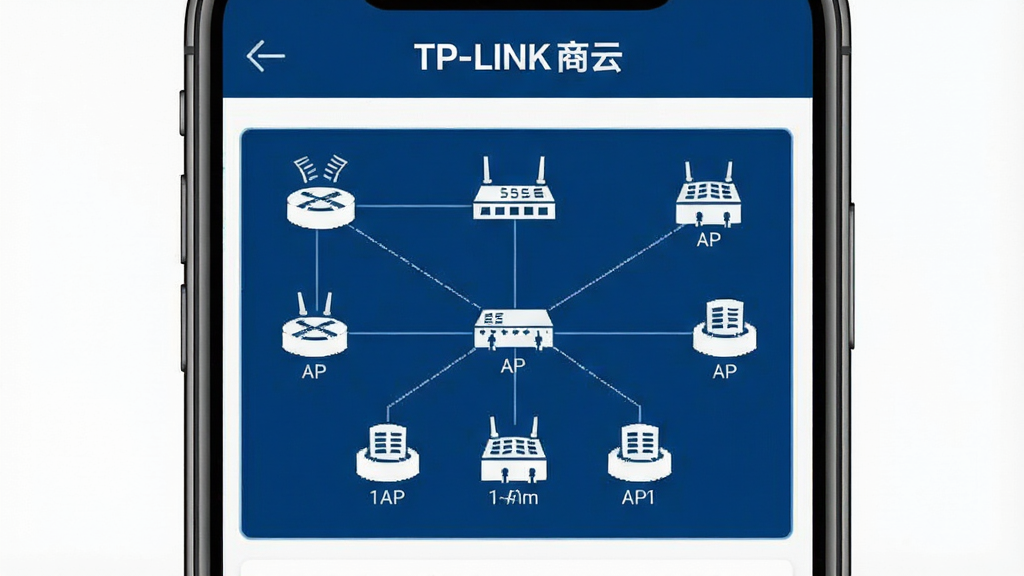 一张展示TP-LINK商云APP核心全貌的手机界面截图,屏幕中显示着企业网络拓扑图,包含路由器、交换机、AP等设备图标,界面顶部有“TP-LINK商云”字样,整体布局清晰,以深蓝色和白色为主色调,风格简洁专业,画质干净,无多余元素