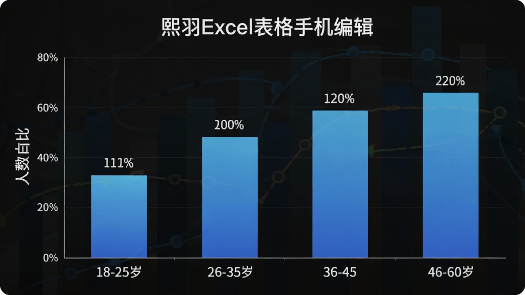�����ǲ�ͬ������û�ʹ�á�����Excel�����ֻ��༭��������ռ����״ͼ�������Ϻ����ע�����18-25�ꡢ26-35�ꡢ36-45�ꡢ46-60�꣬�����ע����ռ�Ȱٷֱȣ��Ű�������������ͼ���������У�����Ǽ�����ݿ��ӻ�ͼ�����ϸ������״��ɫ����ɫ����Ϊ������ֵ��ǩ���������ʸɾ������޶���Ԫ�ء�