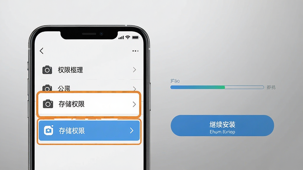 一张展示观立拍权限设置和安装界面的示意图,手机屏幕上显示应用权限管理页面,相机和存储权限被高亮标注,旁边有安装进度条和“继续安装”按钮,背景是简洁的灰色渐变,风格清晰直观,细节干净,画质高清