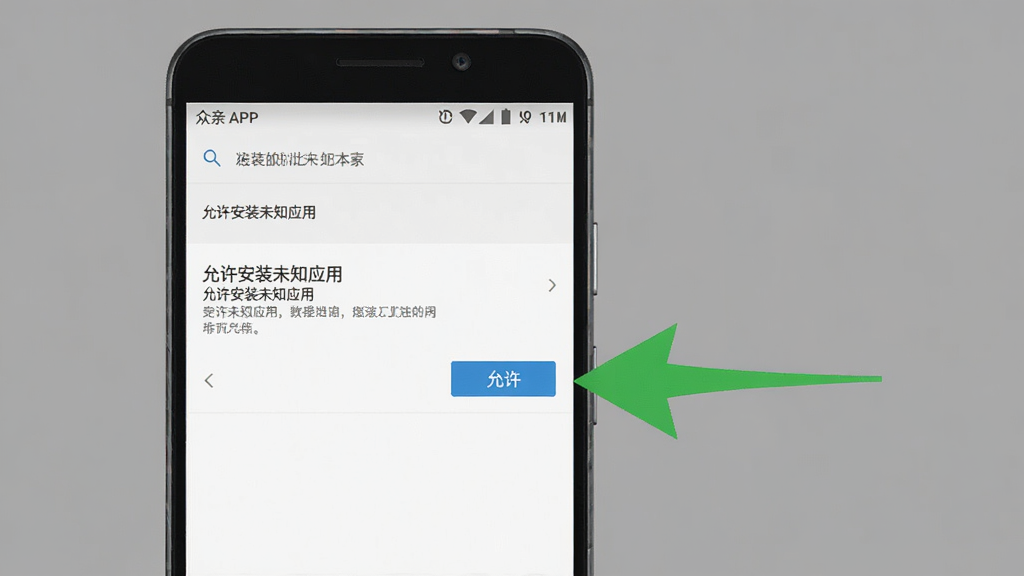 һ�š����ס�APP��װ�̳�ʾ��ͼ��������һ����׿�ֻ���Ļ��ʾ��������װδ֪Ӧ�á������ý��棬�Ա���һ����ɫ��ͷָ����������ť�������Ǽ��Ļ�ɫ�������������޶���Ԫ�ء�