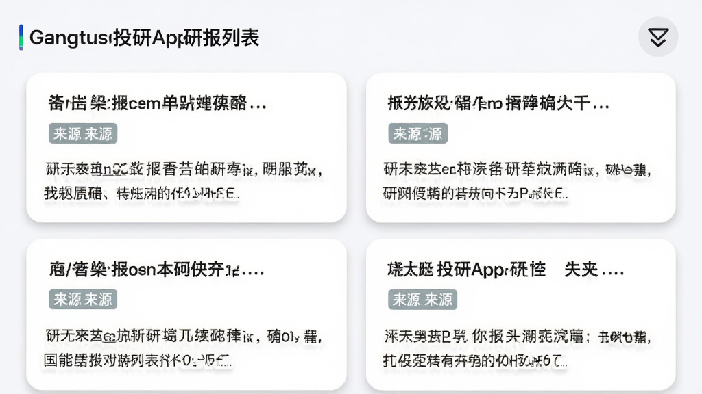 GangtiseͶ��App�б��б�ҳ�棬��Ļ��ʾ��ƪ�б���Ƭ��ÿ�ſ�Ƭ�б��⡢��Դ��ǩ��ժҪ���֣����Ͻ���ɸѡͼ�꣬����ǳɫ����Ƭ��Ӱ��ͣ������Ű����ʣ���������������Ԫ��