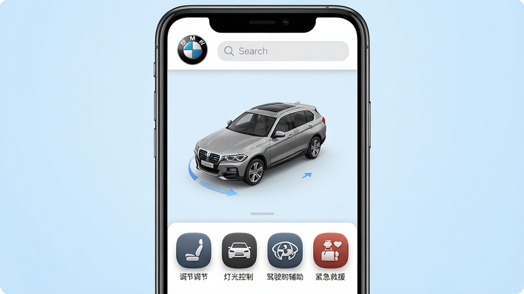 һ��չʾBMW��ʻָ���ֻ�Ӧ�ú��Ľ����ͼƬ��������һ̨�����ֻ�����չʾ����Ļ����BMW��ʻָ�ϵ���ҳ�������б���Logo���������м���3D����ģ�Ϳ���ת�鿴���·����������ε��ڡ��ƹ���ơ���ʻ������������Ԯ�ȹ���ͼ�꣬���ּ���������Ű�Ϊ�ֻ�����չʾ�������ǵ���ɫ���䣬����ִ��Ƽ��У�ϸ����ͼ��Բ�����ʸУ����ʸ���ɾ��޶���Ԫ��