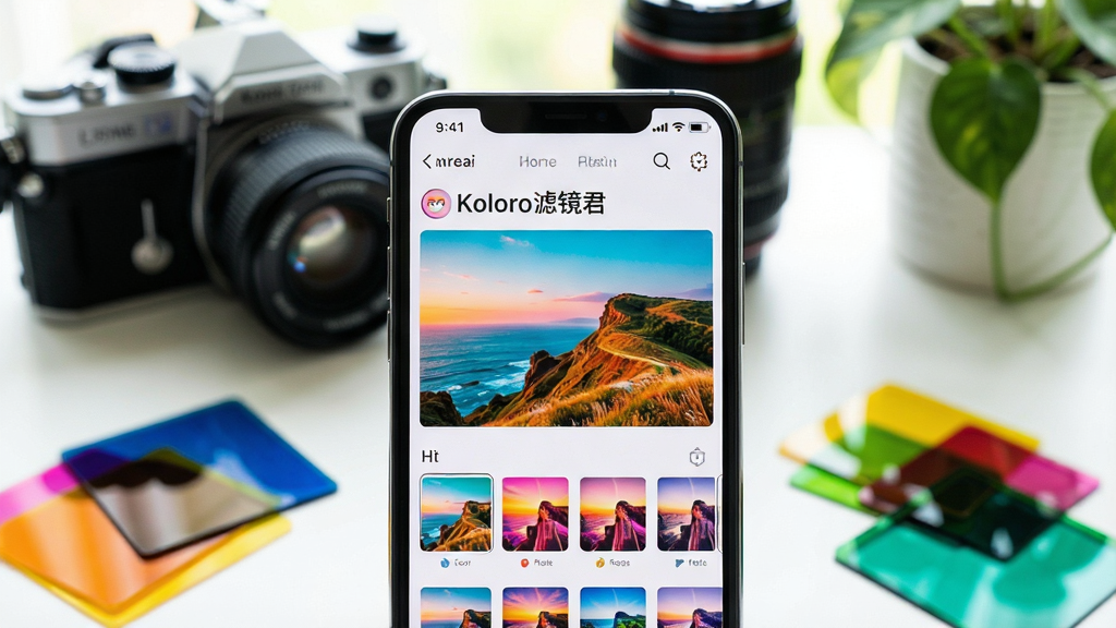 一张手机屏幕特写,屏幕里显示“Koloro滤镜君”应用的主界面,界面中展示着色彩鲜艳的风景照片和丰富的滤镜缩略图,手机周围散落着几片彩色滤色片,背景是虚化的摄影器材和绿植,整体风格清新明亮,画质清晰干净,无多余元素