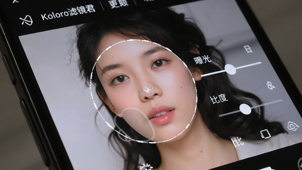 一张手机修图界面的特写,展示“Koloro滤镜君”的局部调整功能,画面中人物的脸部被一个圆形蒙版选中,旁边有调整曝光和对比度的滑块,界面专业且直观,画质清晰,无多余元素