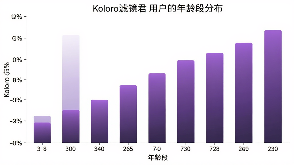 一张柱状图,展示“Koloro滤镜君”用户的年龄段分布,横轴是年龄段,纵轴是百分比,柱状图颜色为渐变紫色,图表背景简洁,数据清晰可见,画质干净,无多余元素