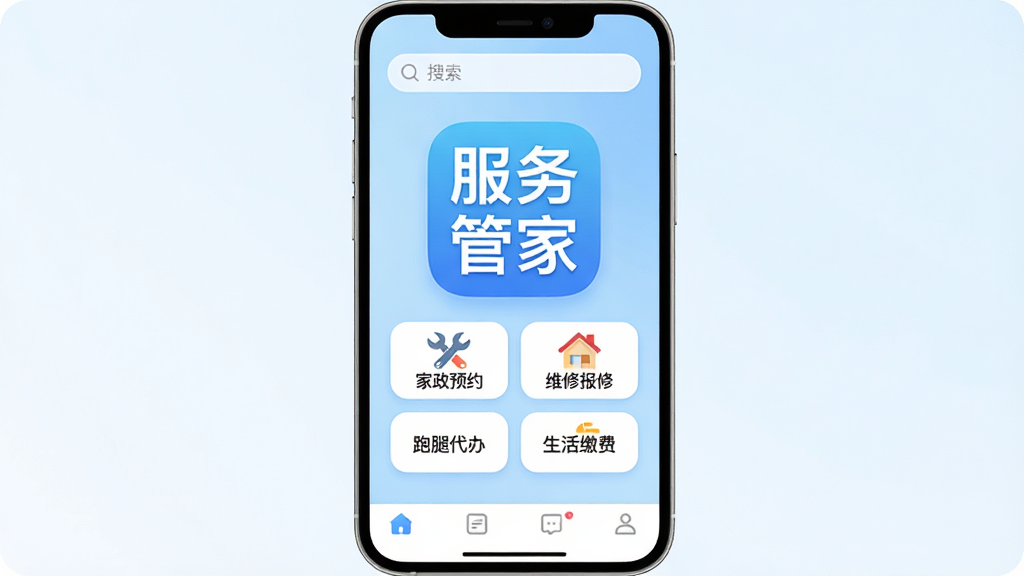 һ���ֻ���Ļչʾ�����ͼ�����������ǡ�����ܼҡ��ĸ����ֵ�Appͼ�꣬ͼ���·������ż���ԤԼ��ά�ޱ��ޡ����ȴ��졢����ɷ��ĸ�������ڰ�ť��������ǳ��ɫ���䣬�����������򣬵ײ��е����������岼�ָɾ����࣬����ִ���ƽ����ϸ��Բ�󣬻����������޶���Ԫ��