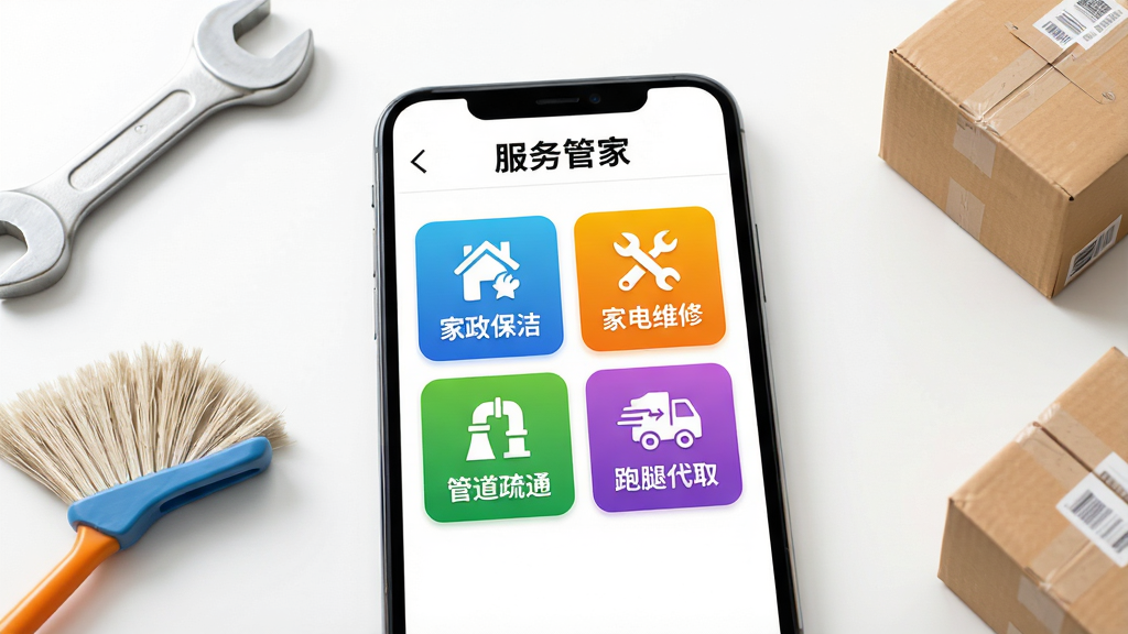 һ��AI���ɵ�ͼƬ������������һ���ֻ����ֻ���Ļ����ʾ������ܼҡ�App�ķ����б����棬���������������š��������ࡱ���ҵ�ά�ޡ����ܵ���ͨ�������ȴ�ȡ���ĸ���ɫͼ�갴ť���ֻ��Ա�ɢ���Ű��֡�ɨ�ѡ���ݺе�С�����Ϊװ�Σ������Ǹɾ��İ�ɫ���棬���������������ϸ�壬�޶���Ԫ��