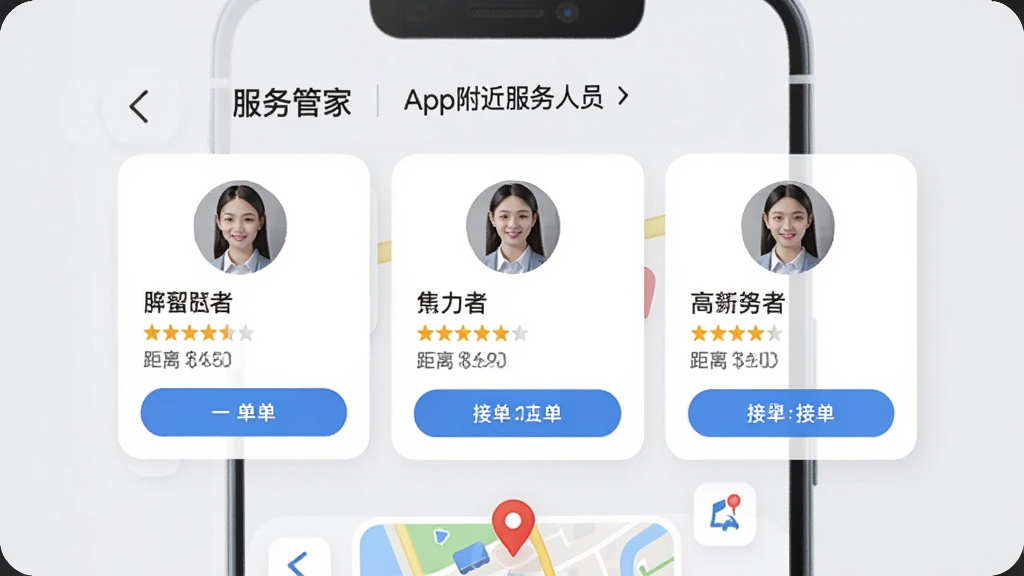 һ��AI���ɵ�ͼƬ������չʾ������ܼҡ�App�ĸ���������Ա�б�ҳ�棬��Ļ����ʾ���������߿�Ƭ��ÿ����Ƭ����ͷ�������������Ǽ�������ͽӵ���ť��������ǳ��ɫ���ֻ��·��е�ͼ��λͼ�꣬��������ˬ�����������ɱ棬���ʸɾ��޶���Ԫ��