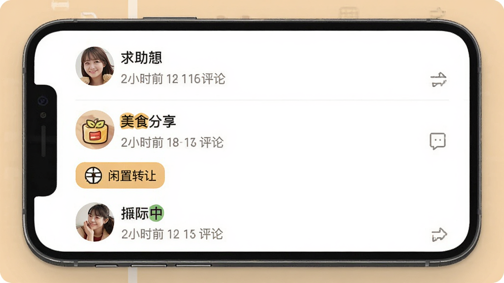һ��չʾͬ��Ȧ�ӻ���������ֻ���ͼ�������б����������ʴ���ʳ����������ת�õȱ�ǩ��ÿ���������û�ͷ���ǳơ�����ʱ����������������Ű����࣬�����ܰ
