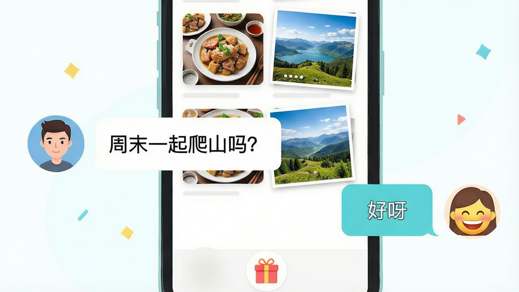 一张表现世纪佳缘互动功能的插图,画面展示一个手机聊天界面,左边是男生头像发出的“周末一起爬山吗?”消息,右边是女生回复的“好呀”和一个笑脸,聊天背景里有动态广场的缩略图,上面有美食、风景照片,界面底部有送礼物的小图标,整体风格清新活泼,画质干净无多余元素