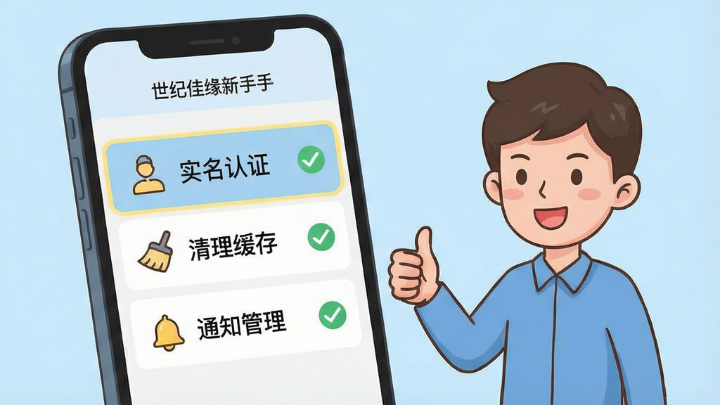 一张关于世纪佳缘新手操作的图解插画,画面是一个手机屏幕显示设置菜单,菜单里高亮标注了“实名认证”“清理缓存”“通知管理”三个选项,每个选项旁边有对应的小图标和打勾符号,手机旁边有一个卡通人物竖起大拇指,背景是浅蓝色,风格清新直观,画质干净无多余元素