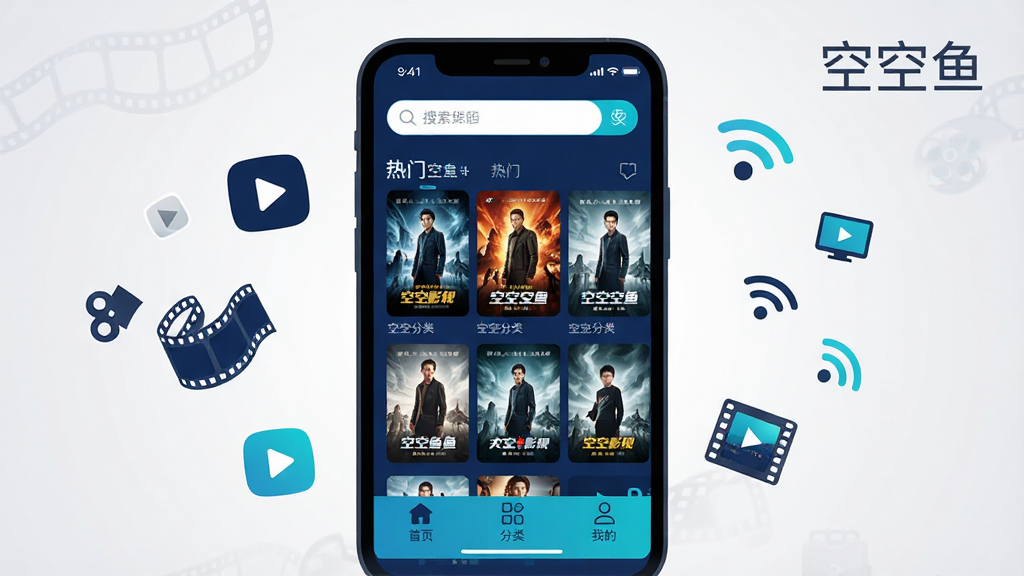 �տ���App������ȫòչʾ�������������ֻ���Ļ����Ļ����ʾ�տ���Ӱ����ҳ���������������м�������Ӱ�Ӻ���ǽ���ײ�����������ҳ�����ࡢ�ҵ�����ͼ�꣬������ɫ����������ɫΪ��������ִ���ƽ���ֻ���Χ�����ŵ�Ӱ��Ƭ�����Ű�ť��WiFi�źŵ�Сͼ�꣬�����Ǹɾ���ǳ��ɫ���䣬�����������޶���Ԫ�أ�ͼƬ�д����֡��տ��㡱