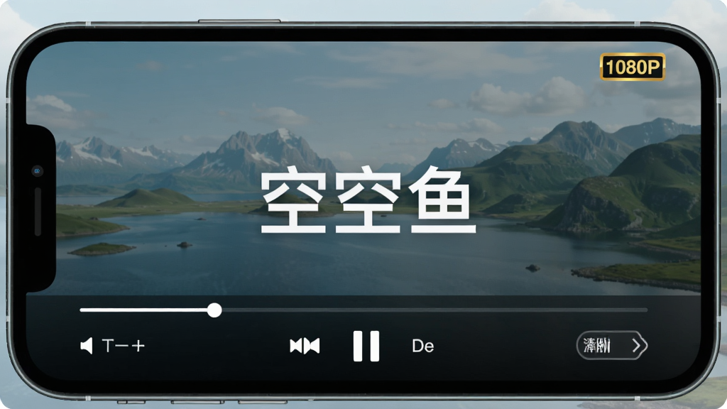 �տ���App��Ƶ���Ž��棬�ֻ�����չʾ�����������ڲ���һ���羰��¼Ƭ����Ļ�·��н���������ͣ����һ�����������л��ȿ��ư�ť���������Ͻ���ʾ��1080P����������������ɫ���������棬������ִ������ʸɾ����޶���Ԫ�أ�ͼƬ�д����֡��տ��㡱