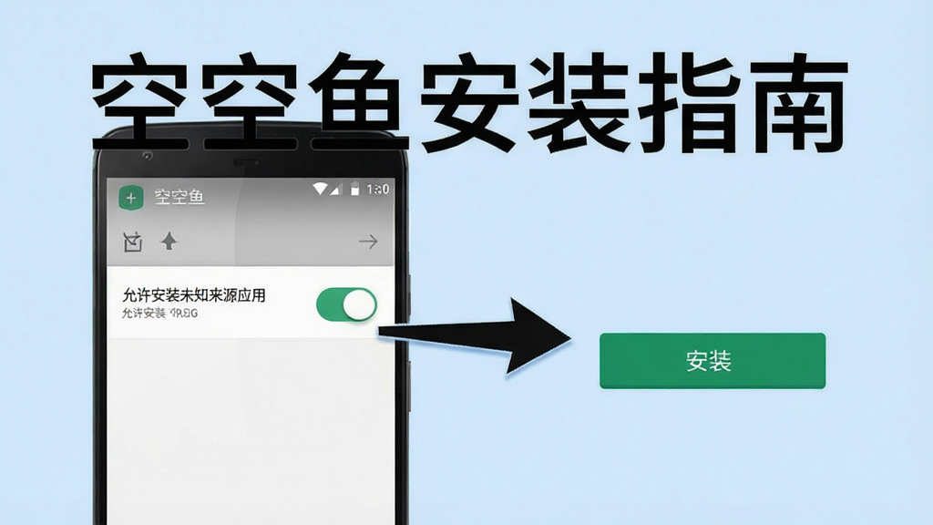 �տ���App���ֻ��ϵİ�װ����ʾ��ͼ��������չʾһ����׿�ֻ�����Ļ����ʾ��������װδ֪��ԴӦ�á��Ŀ��ؽ��棬�Ա��м�ͷָ�򡰰�װ����ť�������������ˣ�����Ϊǳ��ɫ�����ʸɾ����޶���Ԫ�أ�ͼƬ�д����֡��տ��㰲װָ�ϡ�