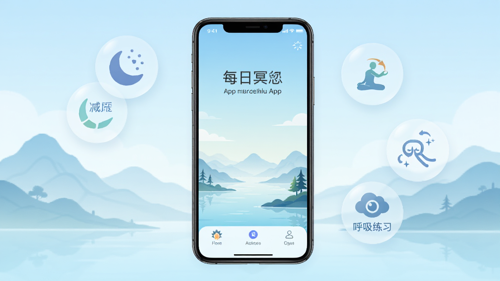 һ��չʾÿ��ڤ��App���Ľ����ͼƬ������������һ���ֻ�����Ļ��ʾÿ��ڤ��App����ҳ����������͵ĵ���ɫ���䣬��������ɽˮ�廭Ԫ�أ��ֻ���ΧƯ���ż�����͸����Բ��ͼ��ֱ����˯�ߡ���ѹ��רע��������ϰ���������������������ʸɾ����޶���Ԫ��