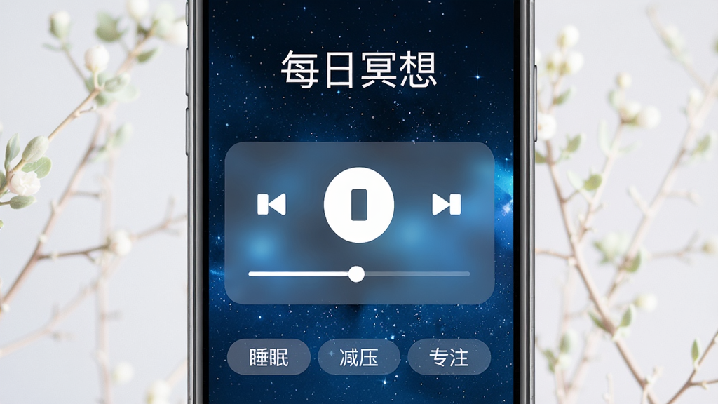һ��չʾÿ��ڤ��App��Ƶ���Ž����ͼƬ���ֻ���Ļ������ʾ���ſ�����壬�в�����ͣ��ť�ͽ�����������������ɫ���ǿգ���Ļ�Ϸ�д��ÿ��ڤ�룬�·���˯�ߡ���ѹ��רע���������ǩ����񰲾���ͣ������������޶���Ԫ��