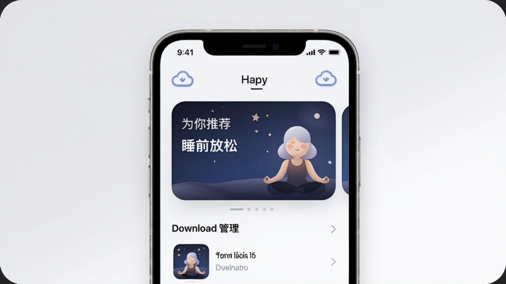һ��չʾÿ��ڤ��App���Ի��Ƽ����������ع��ܵ�ͼƬ���ֻ���Ļ��ʾ��ҳ�Ƽ���Ƭ������д��Ϊ���Ƽ���˯ǰ���ɣ��·������ع����б�����ʾ�����ص���Ƶ�ļ���������ǳ��ɫ�Ͱ�ɫ��ͼ����Բ����ƶ�ͼ�ͷ������ִ���࣬���ʸɾ����޶���Ԫ��