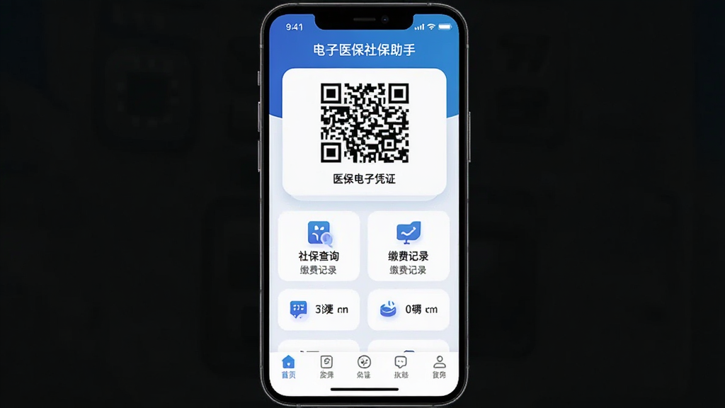 ������һ���ֻ���Ļ����Ļ����ʾ����ҽ���籣����App����ҳ���棬����Ϊ������ʾҽ������ƾ֤��ά�룬�м����籣��ѯ�ͽɷѼ�¼���ܰ�ť���ײ�Ϊ���������Ű�Ϊ����չʾApp���棬���Ϊ�ִ���ƽ���Ƽ��磬ϸ�ڰ�����ɫ���䱳������ɫ��Ƭ��Բ��ͼ�ꡢ�������ֱ�ǩ�����ʸ���ɾ��޶���Ԫ��