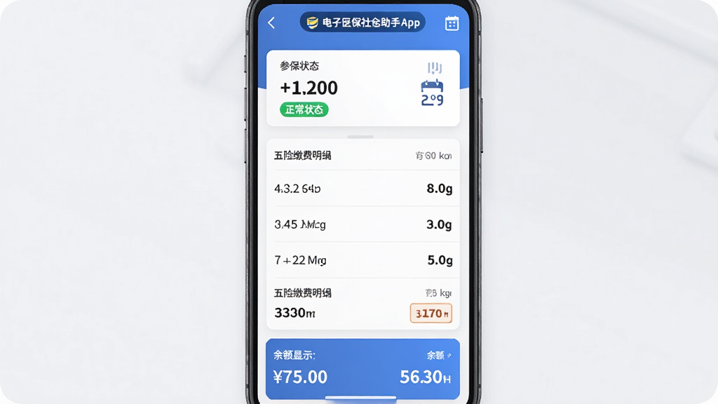 �����ǵ���ҽ���籣����App���籣��ѯ���ҳ�棬����Ϊ�Ϸ���ʾ�α�״̬��Ƭ���м������սɷ���ϸ�б����ײ��������ʾ�����Ű�Ϊ��Ƭʽ�������У����Ϊ��ˬ����磬ϸ�ڰ�����ɫ����״̬��ǩ�����ּӴ���ʾ������ͼ�꣬���ʸ���ɾ��޶���Ԫ��