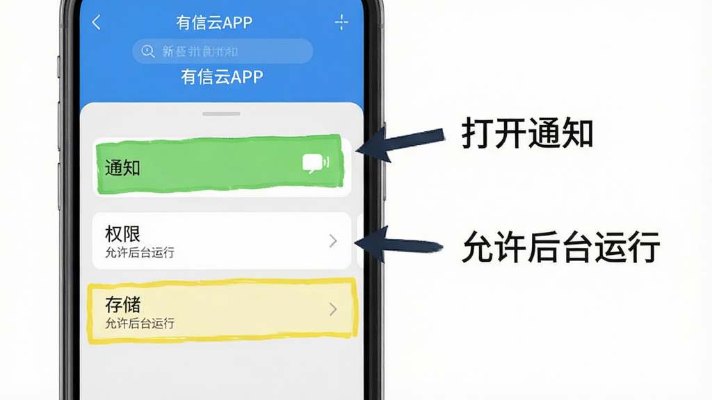 ������APP��������������ͼ��������һ���ֻ���Ļ��ʾ�����ý��棬��֪ͨ��Ȩ�ޡ��洢��ѡ�������ע���Ա��м�ͷ��������ʾ����֪ͨ������������̨���С�����������׶������ʸɾ��޶���Ԫ��