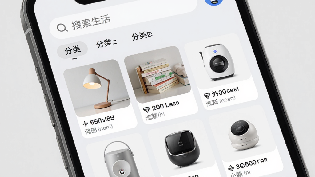 ��������App����������תҳ�棬�ֻ���Ļչʾͬ��������Ʒ�б�������̨�ơ��鼮��С�ҵ�ȣ�ÿ����Ʒ��ͼƬ�ͼ���������������������ͷ����ǩ������Ϊǳ��ɫ�������ˬ��࣬���������޶���װ��