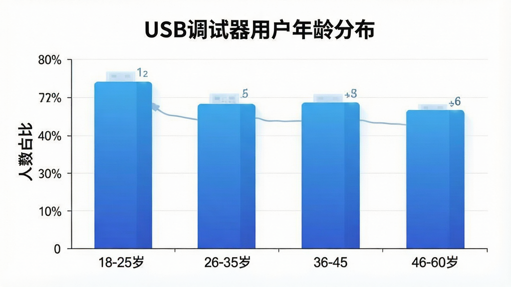 һ��չʾUSB�������û�����ֲ�����״ͼ�������Ǽ�����Ϣͼ����񣬺����ע�����18-25�ꡢ26-35�ꡢ36-45�ꡢ46-60�꣬�����ע����ռ�Ȱٷֱȣ���״������ɫ������䣬ͼ������Ϊ��USB�������û�����ֲ�����������ɫ�����ɾ�����ϸ�������������������޶���Ԫ��