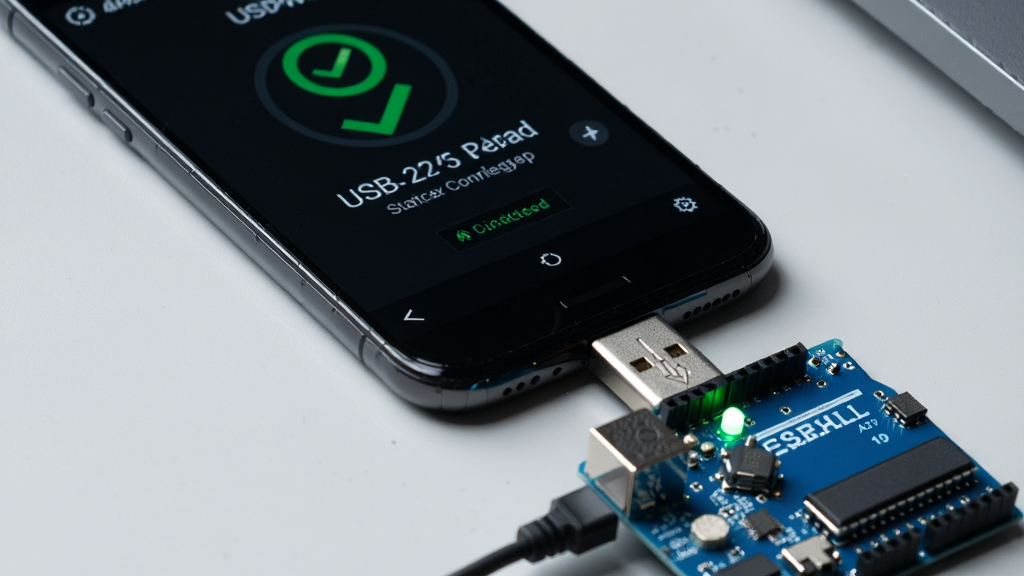һ��չʾUSB�������ڰ�׿�ֻ��ϳɹ������ⲿ�豸����дͼƬ�������������ֻ���Ļ��ʾUSB������APP��������״̬���棬��Ļ������ɫ�����ӳɹ���ʶ���豸��Ϣ���ֻ��ײ�����һ��OTGת����������һ����ɫ��Arduino�����壬�������ϵ�LED�����ţ������Ǹɾ���ǳ��ɫ���棬���дʵ�Ƽ���ϸ�ڷḻ�������������޶���Ԫ��