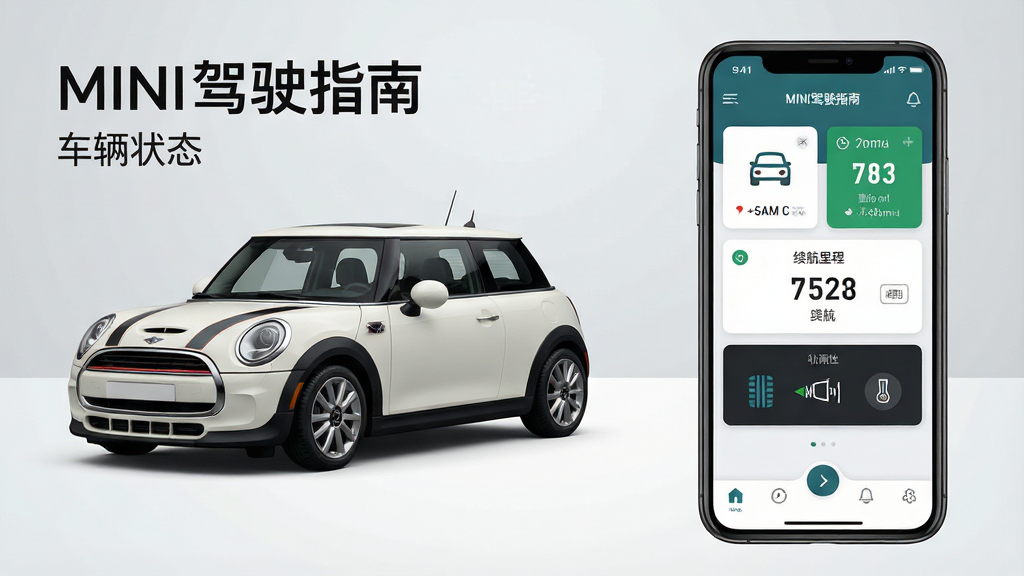 һ��չʾMINI��ʻָ��Ӧ�ó�������ͼƬ��������һ����ɫMINI Cooper������һ�������ֻ���Ļ�����ֲ������ҷ�����ͼ�����չʾ������ۣ��Ҳ�չʾ�ֻ���Ļ�ڵ�Ӧ��UI���棬�Ű����ִ������Ϊ��ƽ���Ƽ��磬ϸ�����ֻ���Ļ�ڰ�������״̬��Ƭ������������֡�̥ѹ���ͼ��͵ײ������������ʸ���ɾ��޶���Ԫ�أ�����Ϊǳ��ɫ���䣬ͼƬ�����ֱ�ע��MINI��ʻָ�ϡ��͡�����״̬��