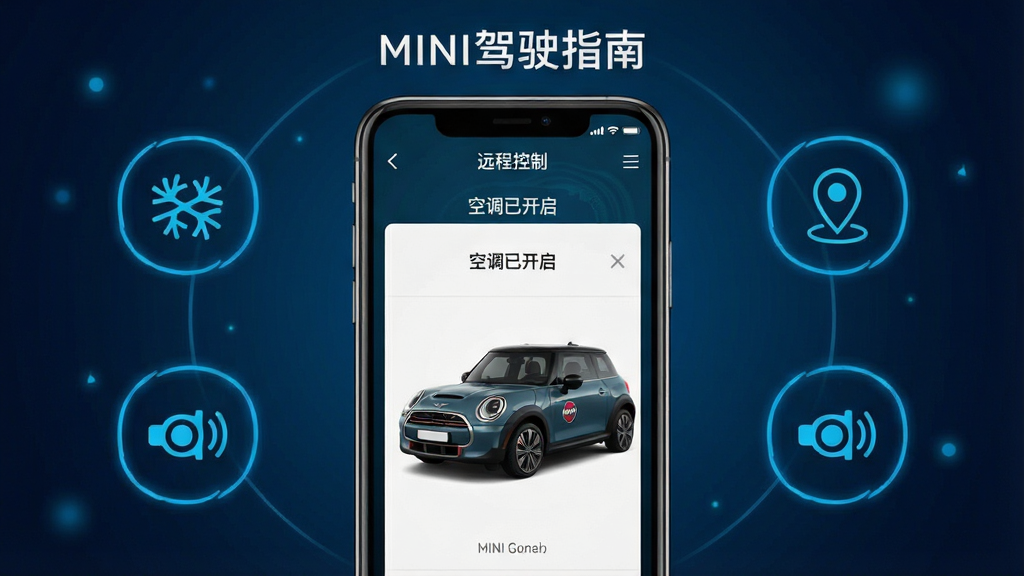 һ��չʾMINI��ʻָ��Զ�̿��ƹ��ܵ�ͼƬ���������ֻ���Ļ��ʾ����Զ�̿�������һ��MINI���������ֲ������ĶԳƹ�ͼ���ֻ���Ļλ�ڻ������룬��Χ�����ſյ�����λ�����ѵȹ���ͼ�꣬�Ű�����ֱ�ۣ����Ϊ�Ƽ���UI��ƣ�ϸ����ͼ�������ɫ�����������ֻ���Ļ����ʾ��Զ�̿��ơ��͡��յ��ѿ��������������ʸ����޶���Ԫ�أ�����Ϊ����ɫ���䣬ͼƬ�����ֱ�ע��MINI��ʻָ�ϡ�