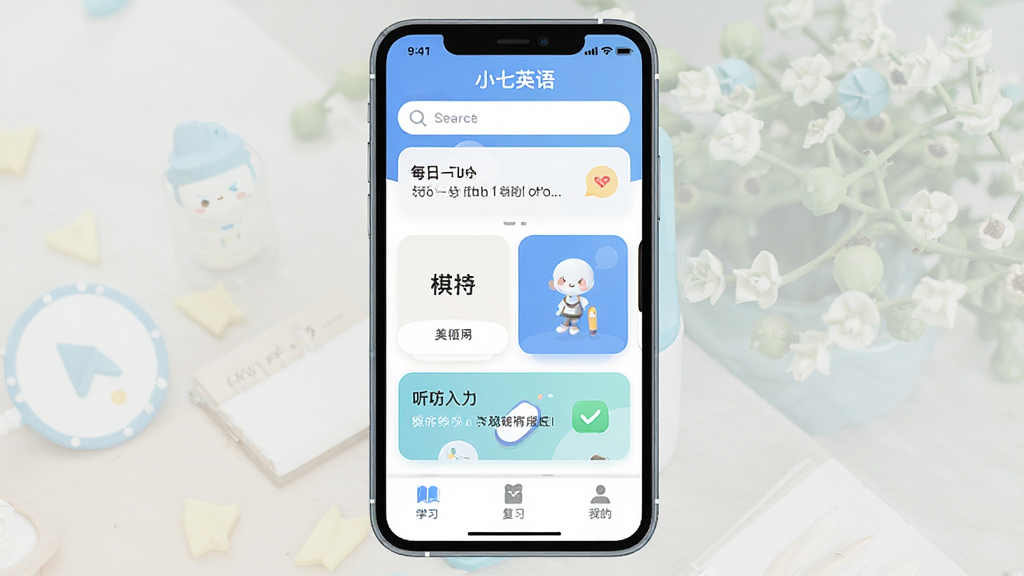 һ��չʾ��С��Ӣ�APP���Ľ�����ֻ�����ͼ�������������ֻ���Ļ����Ļ����ʾ��С��Ӣ������棬�������������ÿ��һ�䣬�м��ǵ��ʿ�Ƭ��������ڣ��ײ�Ϊѧϰ����ϰ���ҵ�����ѡ�������ͻ�������־��У��Ű��࣬����ִ���ƽ����ϸ��Բ�󣬻��ʸɾ��������޶���Ԫ��