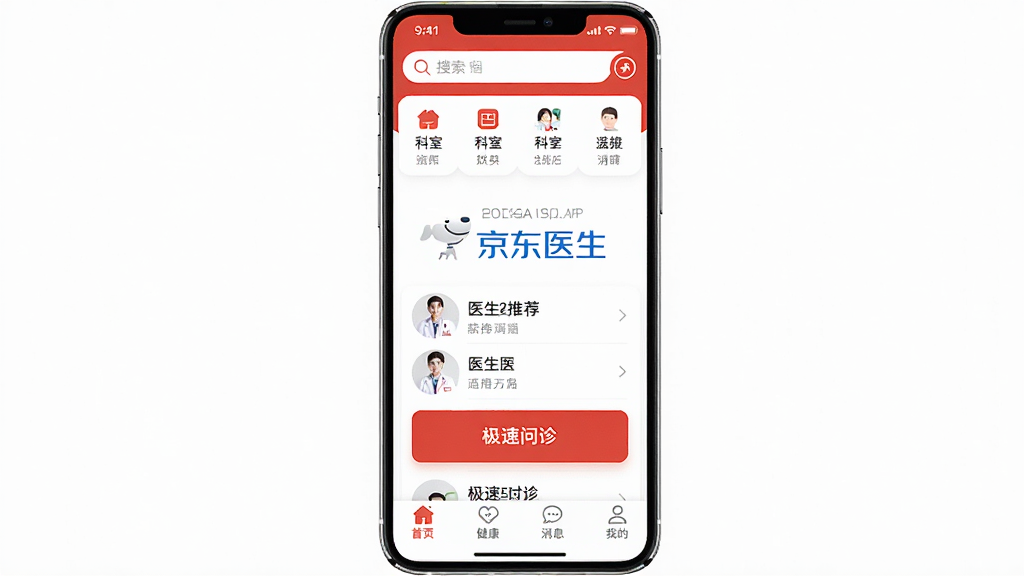 ����ҽ��APP������ȫòչʾ���ֻ���Ļ������ʾ����ҽ����ɫLOGO��ҳ�涥����������Ϳ��ҷ���ͼ�꣬�м���ҽ���Ƽ��б��ͼ���������ڣ��ײ�Ϊ��ҳ����������Ϣ���ҵ��ĸ�ѡ���������þ��������ɫΪ��ɫ����������ˬ������ִ���ƽ����ϸ��Բ�󣬻��ʸɾ����޶���Ԫ��