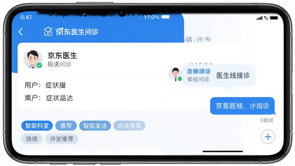 ����ҽ��APP�������﹦�ܽ��棬�ֻ���Ļ��ʾ�û���������֢״�������·������ܿ����Ƽ���ǩ���Ҳ൯��ҽ�����߽���ĶԻ����ݣ���������ɫ�Ͱ�ɫΪ���������ҽ�Ʒ磬�������������ʸɾ��޶���Ԫ��