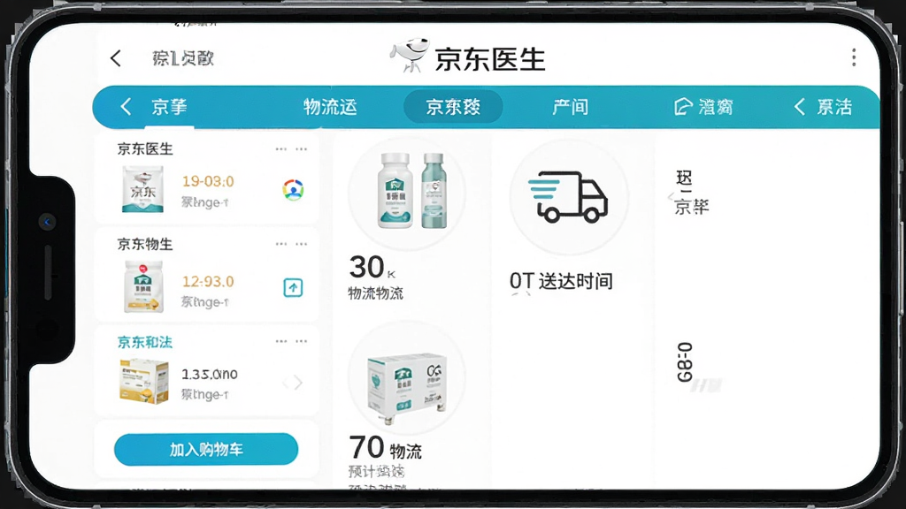 ����ҽ��APPҩƷ���ͽ��棬�ֻ���Ļ��ʾҩƷ�б��ͼ��빺�ﳵ��ť��ҳ�����о����������ͱ�ʶ��Ԥ���ʹ�ʱ�䣬����Ϊ��ɫ�������о���ҽ��LOGO����������̻���࣬���������ɾ����޶���Ԫ��