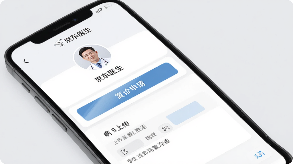 ����ҽ��APP���߸�����棬�ֻ���Ļ��ʾҽ����ҳ�͸������밴ť��ҳ�����в����ϴ���������ֹ�ͨ���ڣ�����Ϊǳ��ɫ�������о���ҽ��LOGO��������רҵ��࣬���������ɾ����޶���Ԫ��