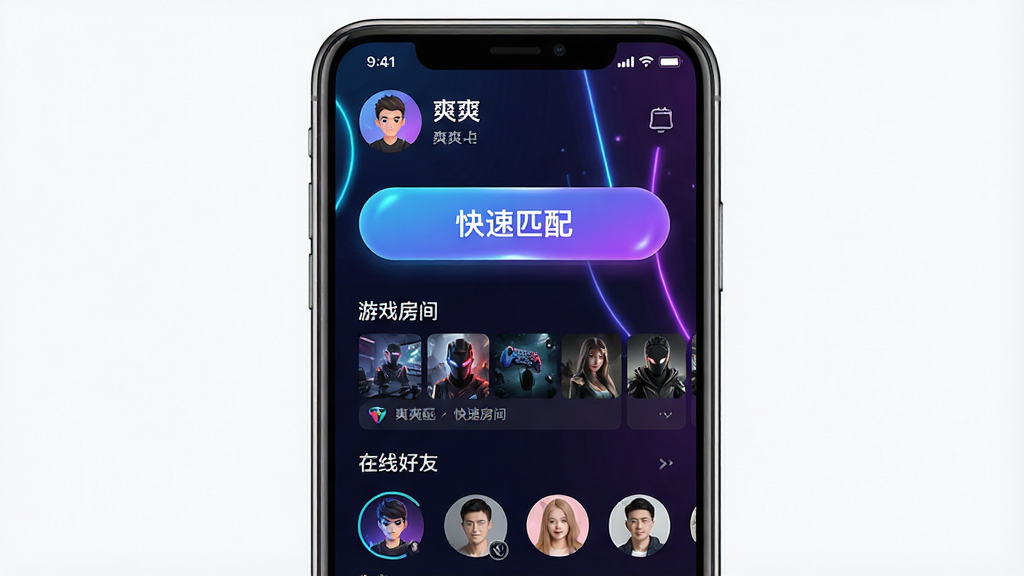 һ��չʾ��ˬˬ���羺�罻App����ȫò���ֻ�����ͼ��������һ�����������ֻ�����Ļ����ʾ��ˬˬ��App����ҳ�����ְ�����������ͷ����ǳơ��м�����Ŀ�ġ�����ƥ�䡱��ť���·�����Ϸ�����б������ߺ���ͷ���Ű��������򣬷��Ϊ�ִ���ƽ���羺�磬ϸ���ϰ�ť����΢������󣬱���Ϊ��ɫ��������޺����Ϲ�Ч�����ʸ���ɾ��޶���Ԫ��