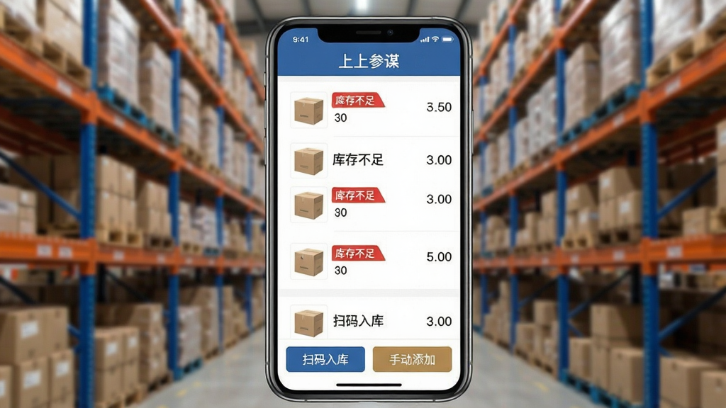 һ��չʾ�ֻ�APP�����������ͼƬ����Ļ�Ϸ��С����ϲ�ı�������������м�����Ʒ�б���ÿ����Ʒ�Ա��п��������ǩ�����м�����Ʒ��ʾ��ɫ����治�㡱���ѣ��ײ��С�ɨ����⡱�͡��ֶ����ӡ�������ť���������黯�Ĳֿ���ܣ�����࣬�����������޶���Ԫ��