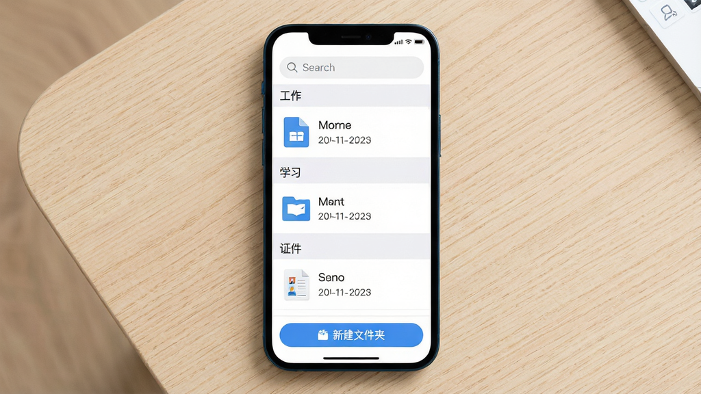һ��չʾȫ���ֻ�ɨ��App�ļ����������ͼ�������������ֻ���Ļ����Ļ����ʾһ���ļ��б����ļ���������������ѧϰ������֤����������ǩ�������У�ÿ���ļ�������ͼ���ļ��������ڣ���Ļ������һ����������Ļ�ײ���һ�����½��ļ��С��İ�ť��������ǳɫľ�����棬����������򣬻����������޶���Ԫ��