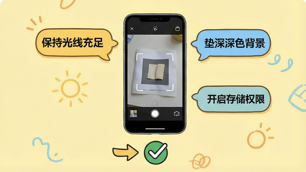 һ��չʾȫ���ֻ�ɨ��App���ֲ���Ҫ���ʾ��ͼ������������һ���ֻ����ֻ���Ļ����ʾɨ����棬��Ļ�Ա�Ư���ż�����ʾ���ݣ��ֱ�д�š����ֹ��߳��㡱��������ɫ���������������洢Ȩ�ޡ����ֻ��·���һ����ͷָ��һ���򹴵�ͼ�꣬������ǳ��ɫ��������ɻ��ã����ʸɾ����޶���Ԫ��