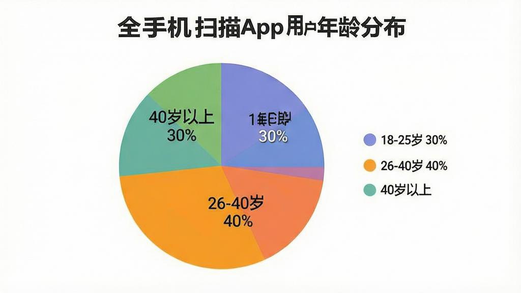 һ��չʾȫ���ֻ�ɨ��App�û�����ֲ��ı�״ͼ������������һ����ɫ��״ͼ����Ϊ�����������ֱ��ע��18-25�� 30%������26-40�� 40%������40������ 30%������ͼ�Ա���ͼ��˵���������ǰ�ɫ����������ݿ��ӻ��������������޶���Ԫ��