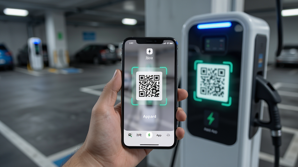 һ��չʾ���ӵ硱Appɨ���繦�ܵ�AI��ͼ������������һֻ�������ֻ����ֻ���Ļ��ʾɨ����棬ɨ��ǰ��һ�����׮�ϵĶ�ά�롣���ֲ��õ�һ�˳��ӽǣ�������ģ����ͣ�������������׮������ɫ��ָʾ�ơ����Ϊдʵ����磬ϸ���������ֻ���Ļ�ϵ�ɨ���ͳ��׮�ϵĶ�ά�������ɼ������ʸɾ����޶���Ԫ�ء�