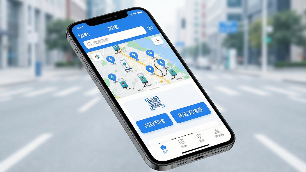 һ��չʾ���ӵ硱App���Ľ�����ֻ�����ͼ������������һ���ִ������ֻ�����Ļ��ʾ���ӵ硱App����ҳ��ҳ�涥�����������͵�ͼ���򣬵�ͼ�ϱ�ע�˶�����׮ͼ�꣬�м��С�ɨ���硱�͡��������׮��������ť���ײ��ǵ����������ֲ��þ��й�ͼ���ֻ���΢��б�������Ǹɾ��ĳ��е�·�黯Ч�������Ϊ�ִ��Ƽ��У���ɫ����ɫ�Ͱ�ɫΪ����ϸ����������Ļ�ϵ����������ɼ������ʸɾ����޶���Ԫ�ء�