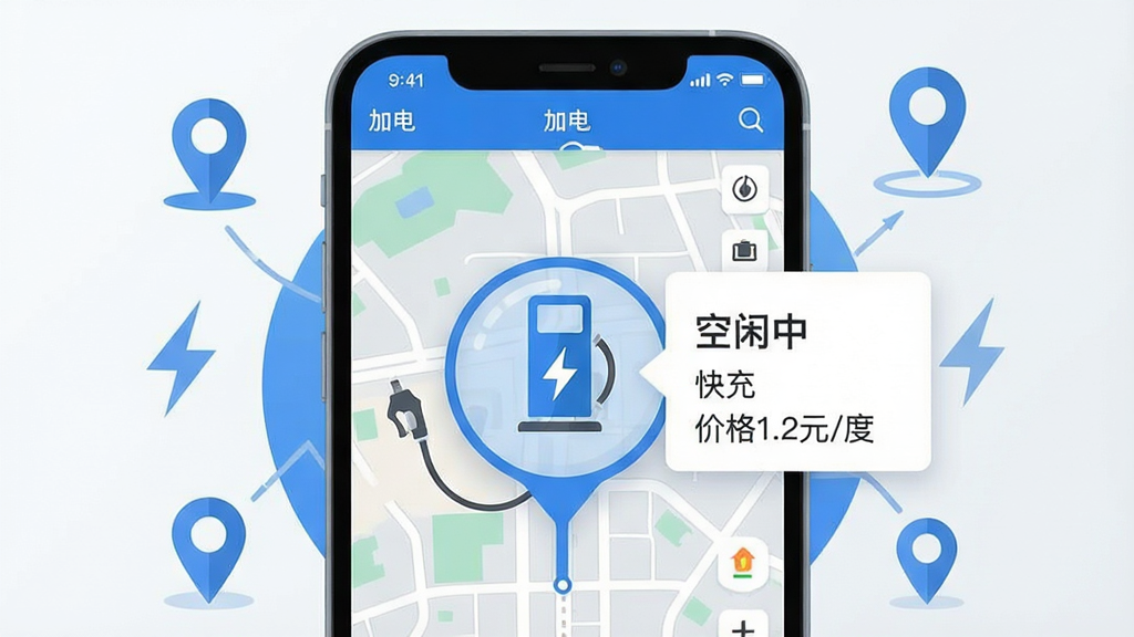 һ��չʾ���ӵ硱App����ͼ���ܵ�AI��ͼ������������һ���ֻ���Ļ��д����Ļ����ʾ����ϸ�ĵ�ͼ���棬��ͼ����һ����Ŀ�ĳ��׮ͼ�걻�Ŵ��Աߵ�����Ϣ��Ƭ����ʾ�������С�������䡱�����۸�1.2Ԫ/�ȡ��������ϣ��ֻ���Ļռ�ݻ������ģ���Χ������һЩ����ĵ����Ͷ�λ���š����Ϊ��ƽ���Ƽ��磬��ɫΪ���׻ң�ϸ�ڷḻ�����ʸɾ����޶���Ԫ�ء�