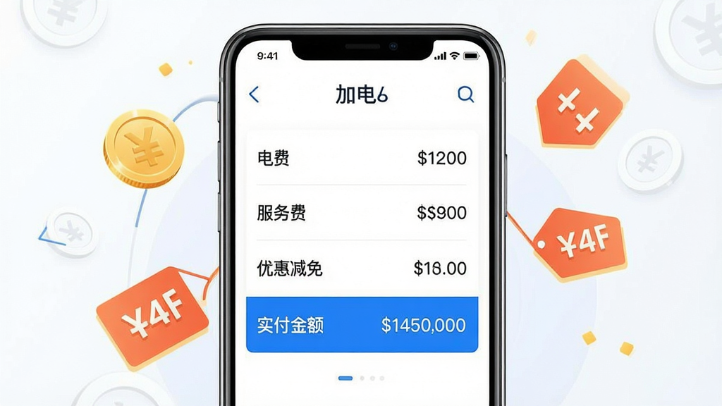 һ��չʾ���ӵ硱App�۸���ϸ�����AI��ͼ������������һ���ֻ���Ļ����Ļ����ʾ�ų�綩�����飬�����г��ˡ���ѡ���������ѡ������Żݼ��⡱�͡�ʵ�����������ϣ��ֻ���Ļ���У���Χ��һЩ��Һ��ۿ۱�ǩ�ĳ���ͼ�Ρ����Ϊ�������磬��ɫΪ�׵����֣��������������ʸɾ����޶���Ԫ�ء�