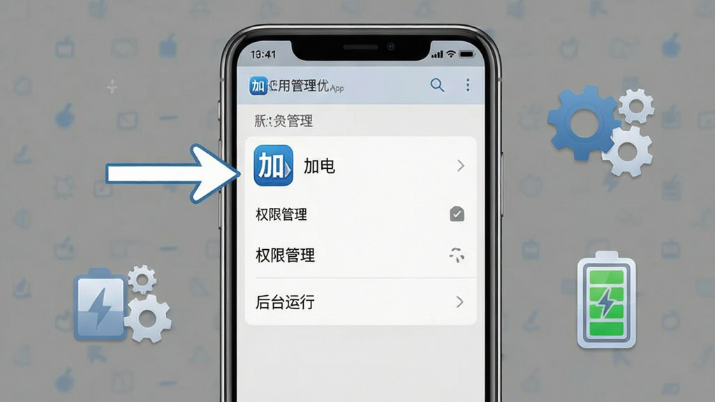 һ��չʾ���ӵ硱App���ֻ���̨�����Ż����õ�ʾ��ͼ������������һ���ֻ���Ļ����ʾ��Ӧ�ù������棬��ͷָ�򡰼ӵ硱App�ġ�Ȩ�޹������͡���̨���С�ѡ����ּ�࣬�ֻ����У��Ա���һЩ���ֺ͵�ص�ͼ�ꡣ���Ϊϵͳ���߷磬��ɫΪ�Ұ�����ϸ�����������ʸɾ����޶���Ԫ�ء�