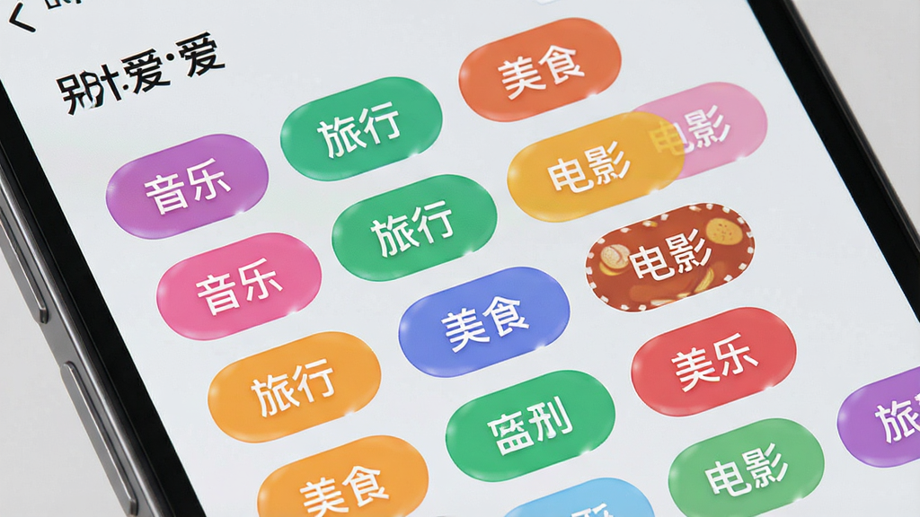 һ���ֻ���Ļչʾ������������Ȥ��ǩѡ����棬��Ļ�ϲ����˲�ɫ��СԲ�Ǳ�ǩ���硰���֡��������С�������ʳ��������Ӱ�������ֱ�ǩ��ѡ�и�����ʾ��������ǳ��ɫ�����ִ������£����������ᣬϸ�ھ��£����ʸɾ��޶���Ԫ��